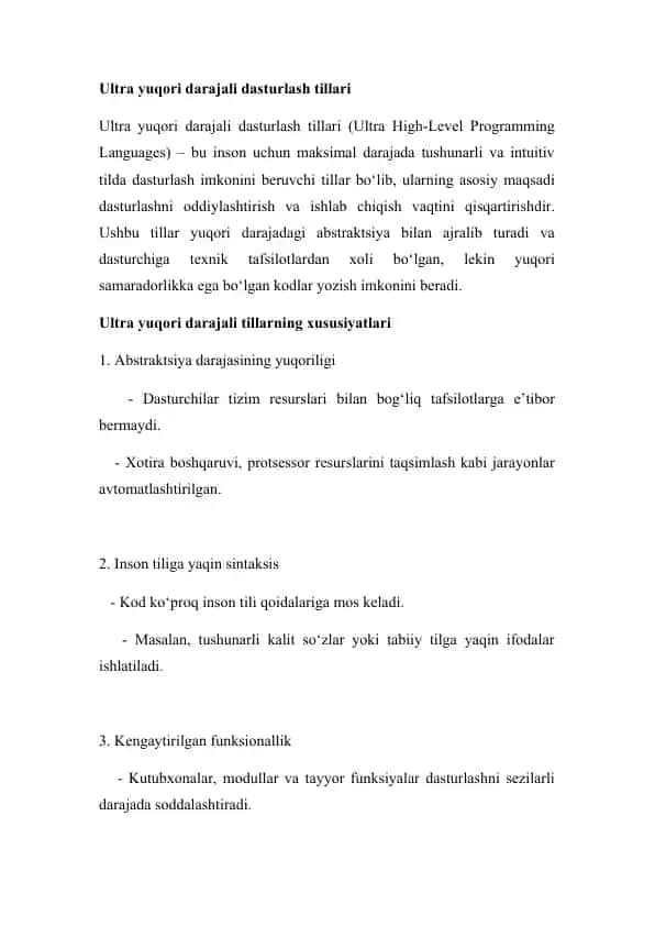 Ultra yuqori darajali dasturlash tillari