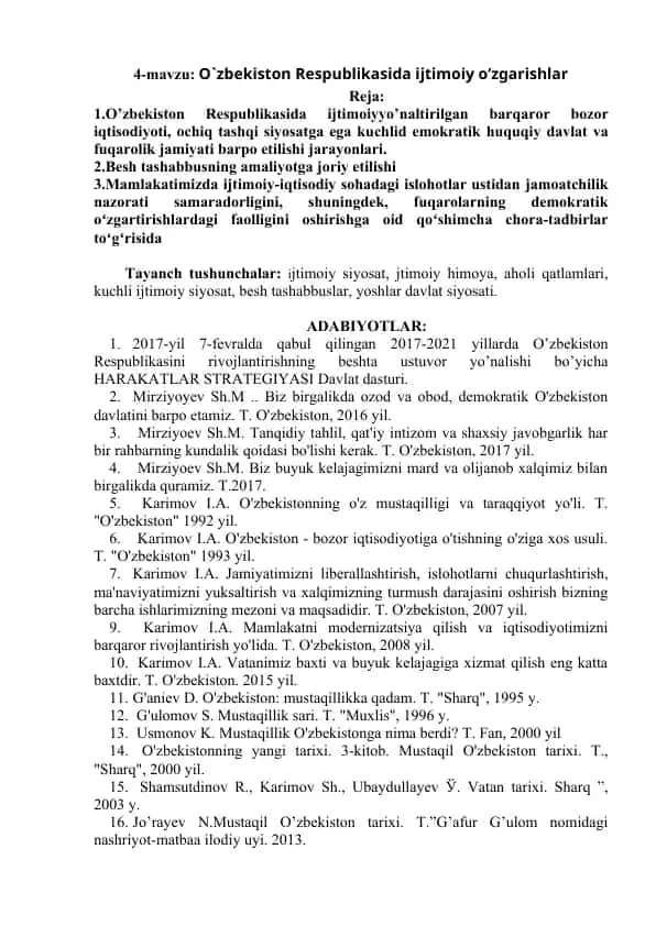O'zbekiston Respublikasida ijtimoiy o’zgarishlar