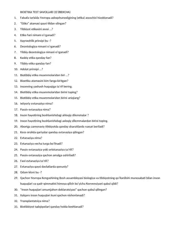BIOETIKA TEST SAVOLLARI (O'ZBEKCHA)