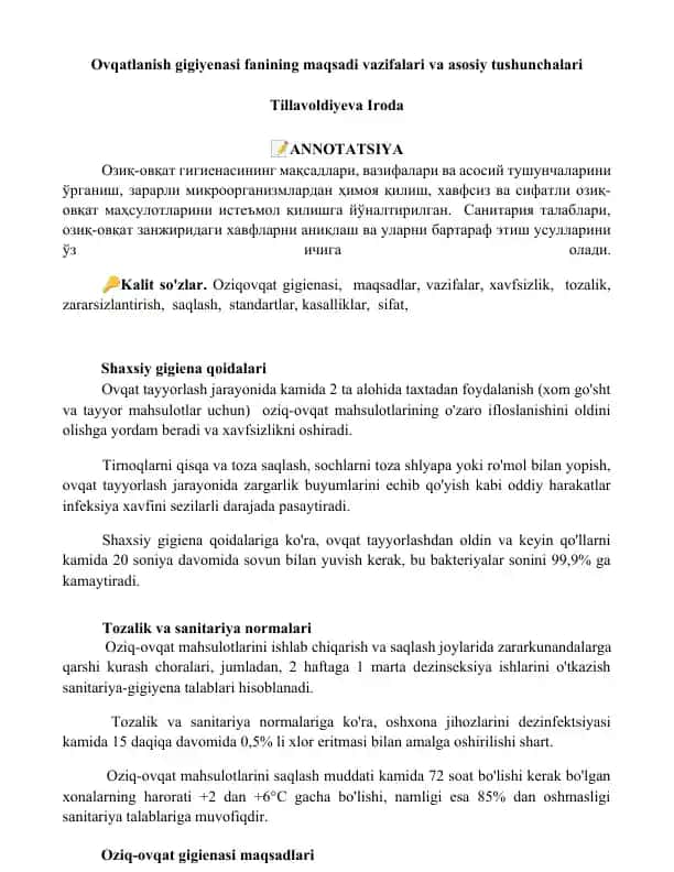 Ovqatlanish gigiyenasi fanining maqsadi vazifalari va asosiy tushunchalari