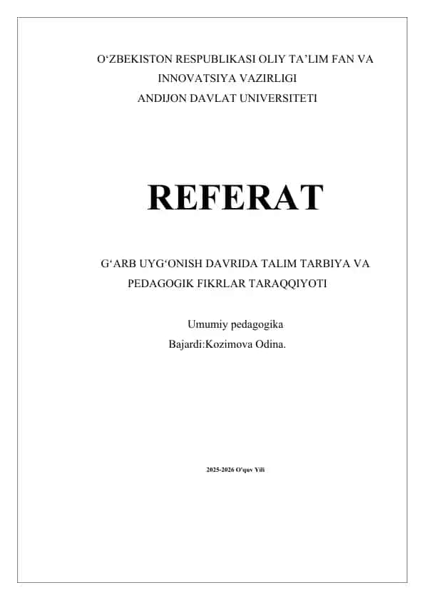 GʻARB UYGʻONISH DAVRIDA TALIM TARBIYA VA PEDAGOGIK FIKRLAR TARAQQIYOTI
