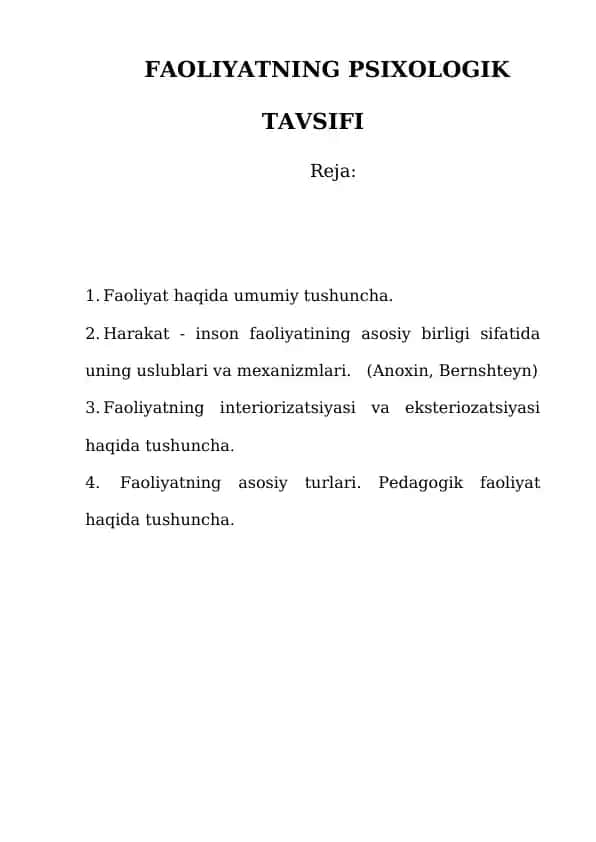 Faoliyatning Psixologik Tavsifi