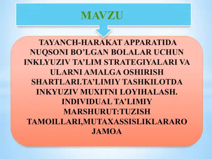 TAYANCH-HARAKAT APPARATIDA NUQSONI BO’LGAN BOLALAR UCHUN INKLYUZIV TA’LIM STRATEGIYALARI VA ULARNI AMALGA OSHIRISH SHARTLARI