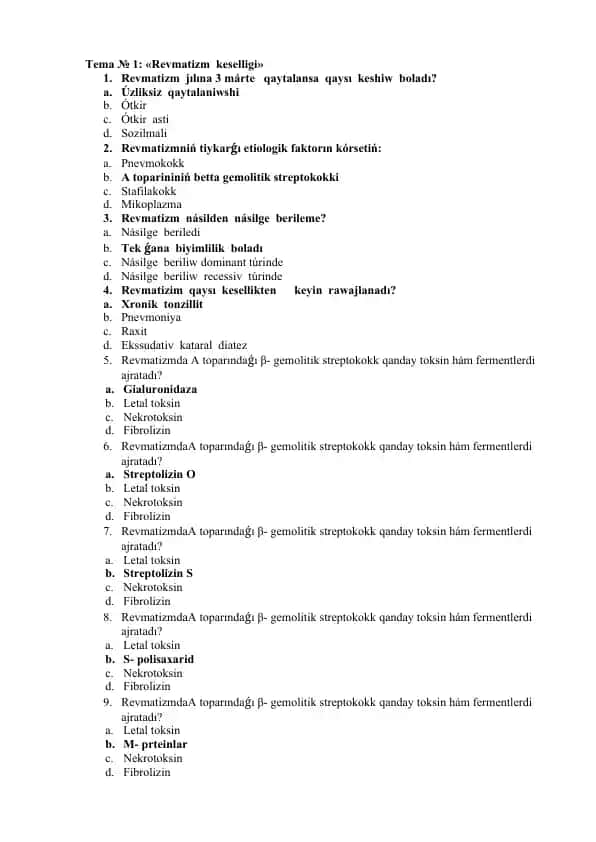 Revmatizm keselligi bo'yicha test savollari