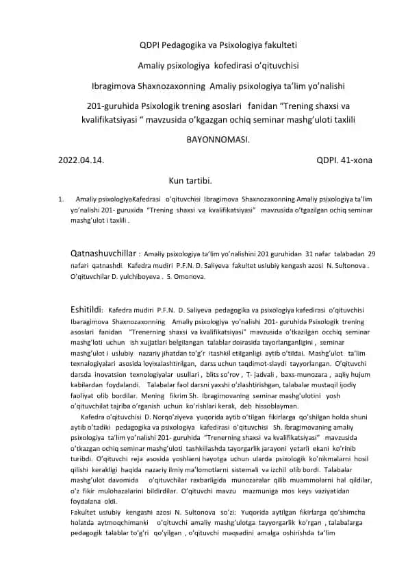 Trening shaxsi va kvalifikatsiyasi