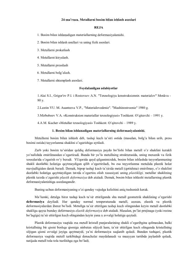 Metallar bo'sim bilan ishlash asoslari