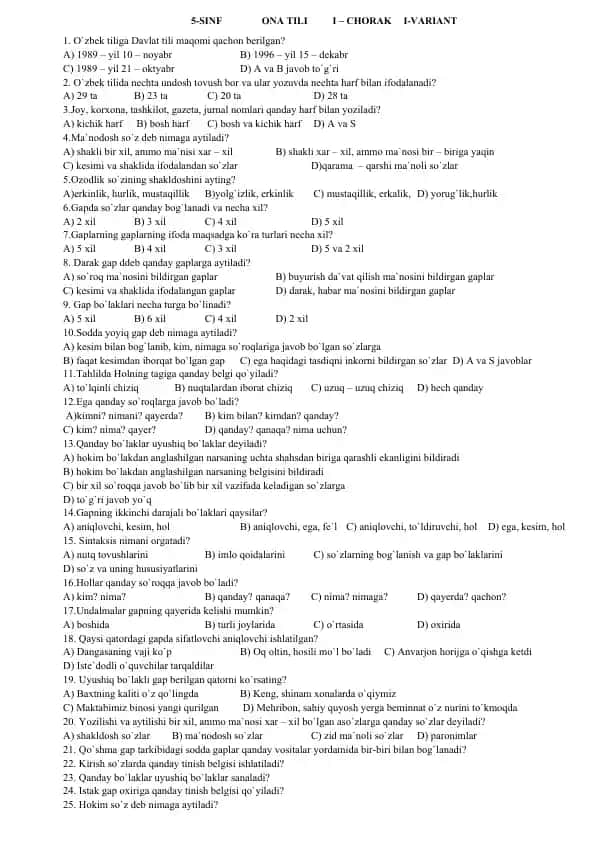 O'zbek tilida 5-sinfdagi "Ona tili" fanidan test savollari