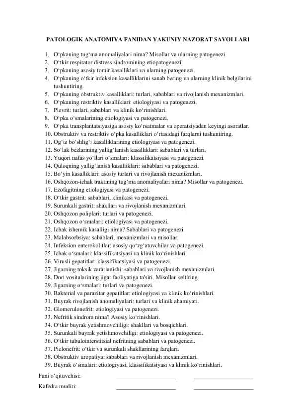 Patologik anatomiyadan yakuniy nazorat savollari