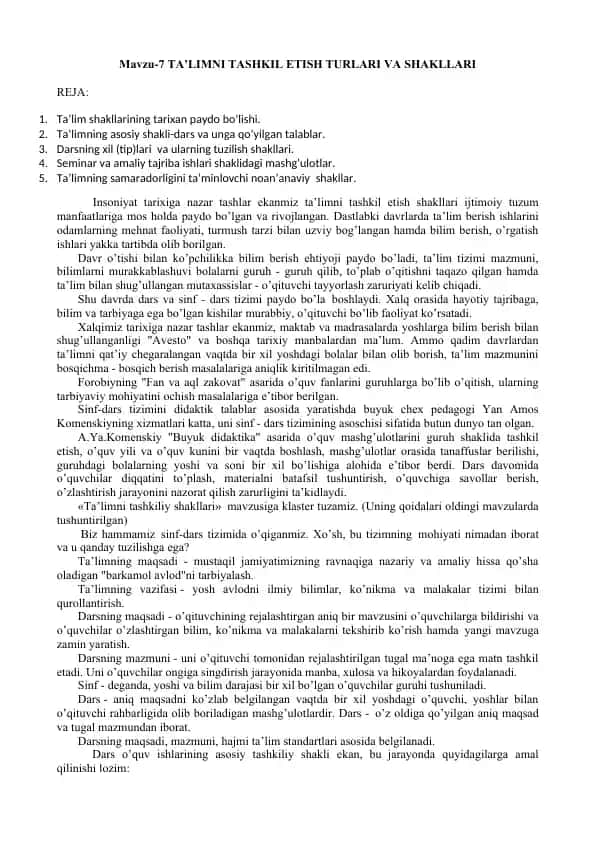 Ta’limni tashkil etish turlari va shakllari