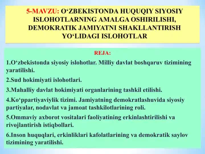 O‘ZBEKISTONDA HUQUQTY STYOSITY ISLOHOTLARNING AMALGA OSHIRILISHI, DEMOKRATIK JAMITYATNI SHAKLLANTIRISH YO‘LIDAGI ISLOHOTLAR