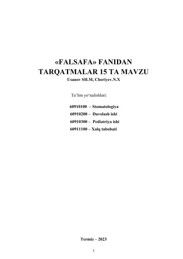 FАLSАFА fanidan TARQATMALAR 15 TA MAVZU