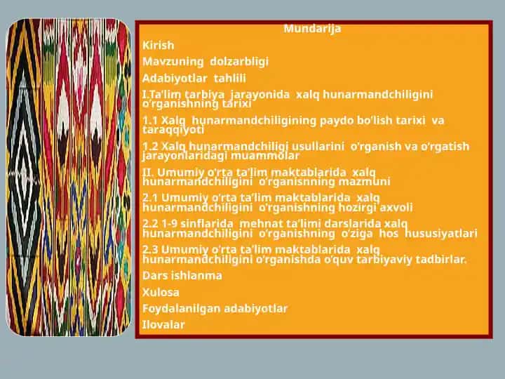 Xalq hunarmandchiligi tarixi va o'ziga xos hususiyatlari