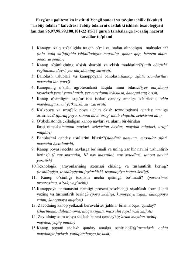 Kanop o'simligi agroteхnikasi haqida nazorat savollari