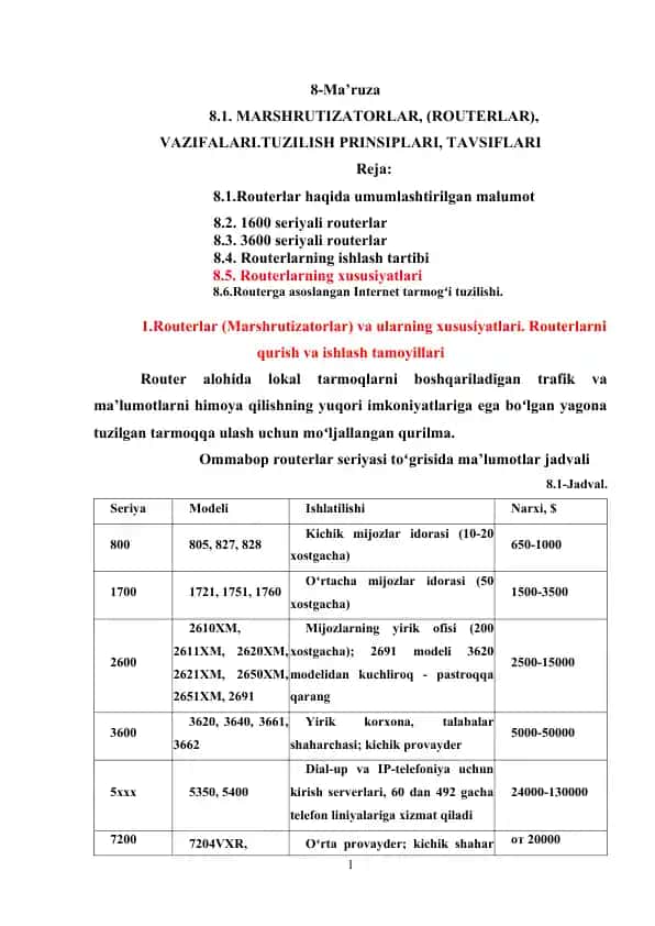 Routerlar (Marshrutizatorlar) va ularning xususiyatlari