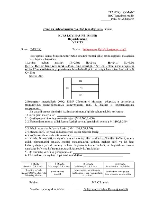 "Bir qavatli sanoat binosini temir-beton sinchini montaj qilish texnologiyasi" kurs loyihasi