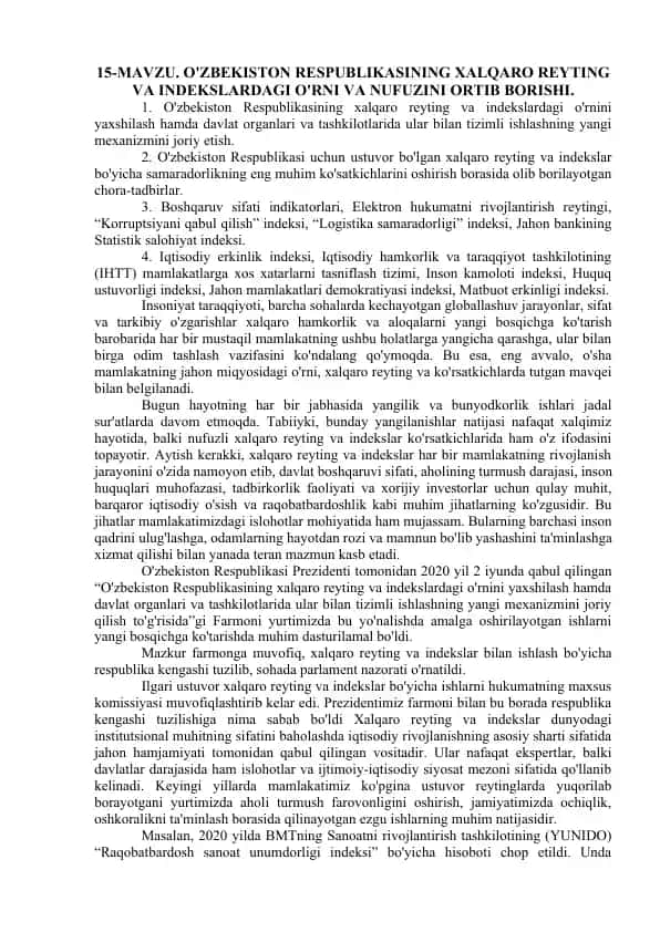 O'zbekiston Respublikasining xalqaro reyting va indekslardagi o'rni va nufuzini oshirish bo'yicha chora-tadbirlar taqdimoti