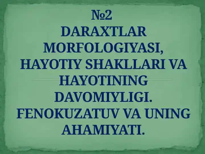 DARAXTLAR MORFOLOGIYASI, HAYOTIY SHAKLLARI VA HAYOTINING DAVOMIYLIGI. FENOKUZATUV VA UNING AHAMIYATI