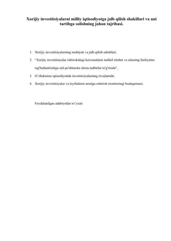 Хorijiy investitsiyalarni milliy iqtisodiyotga jalb qilish shakillari va uni tartibga solishning jahon tajribasi.