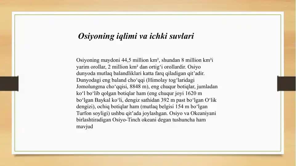 Osiyoning iqlimi va ichki suvlari