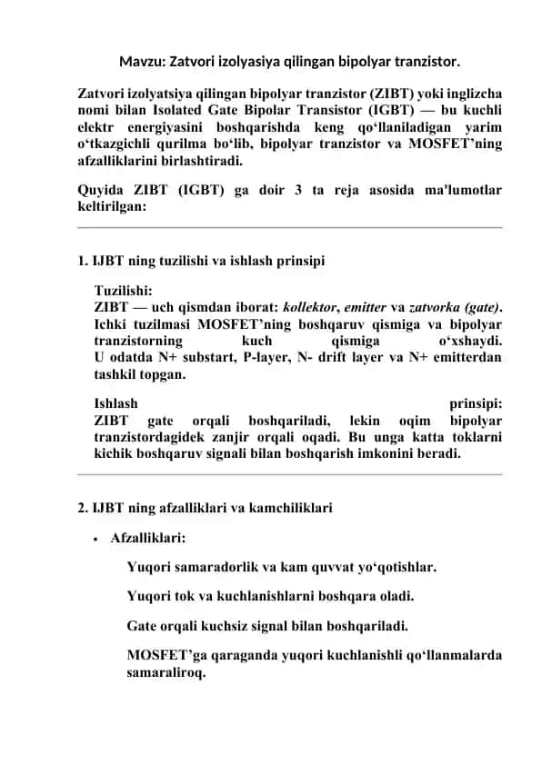 Zatvori izolyasiya qilingan bipolyar tranzistor