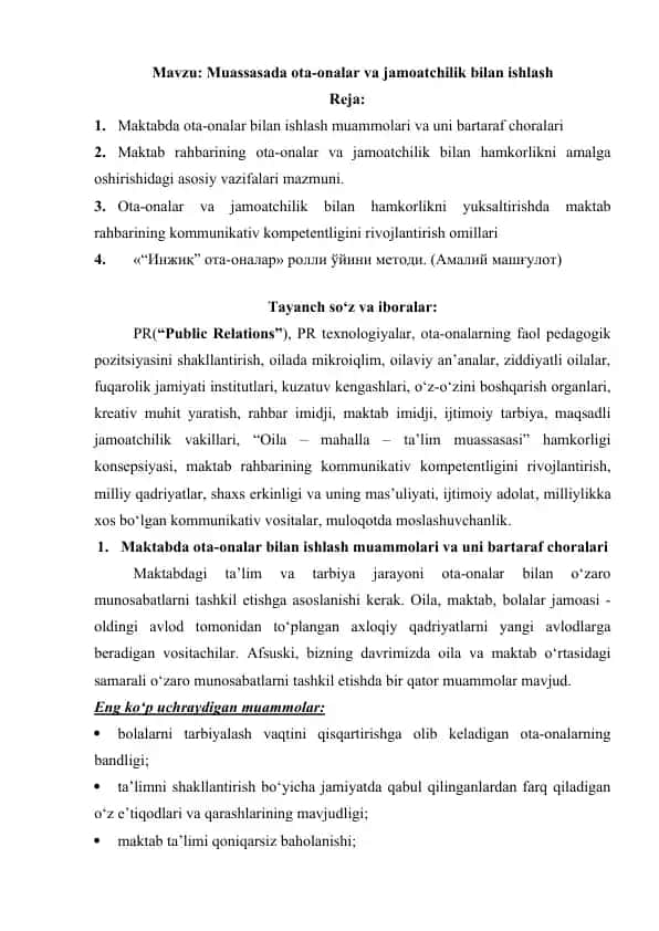 Muassasada ota-onalar va jamoatchilik bilan ishlash