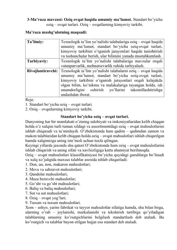 Oziq-ovqat turlari va ularning kimyoviy tarkibi