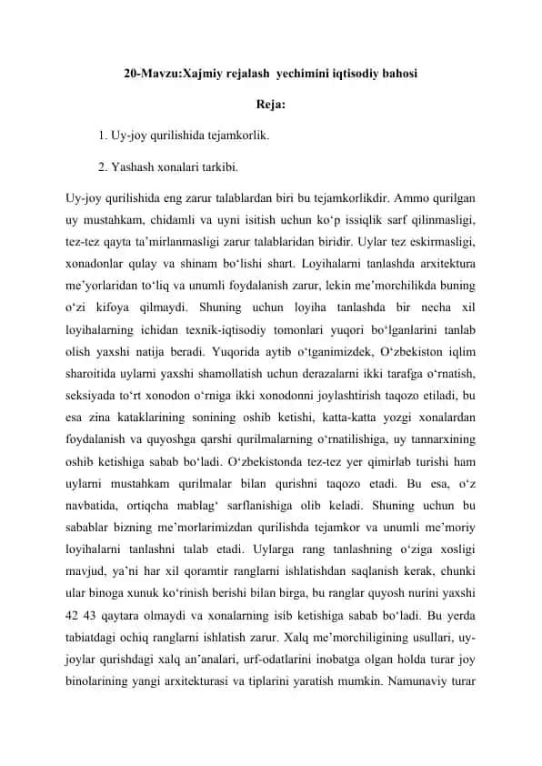Xajmiy rejalash yechimini iqtisodiy bahosi