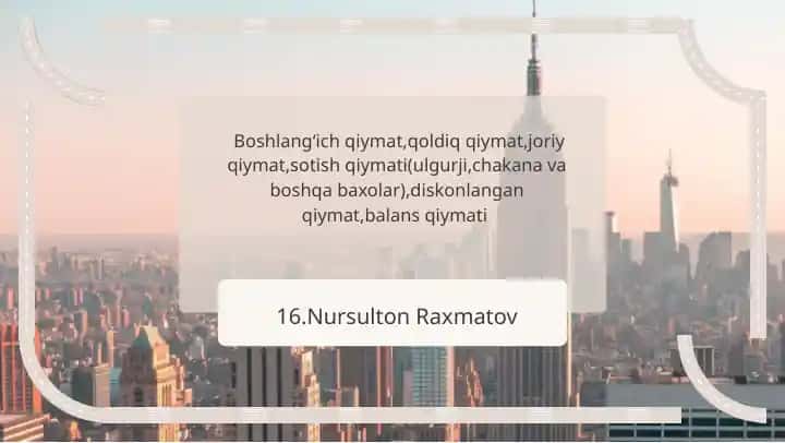 Boshlangʻich qiymat va qoldiq qiymat tushunchalari,joriy qiymat va sotish qiymatining farqlari