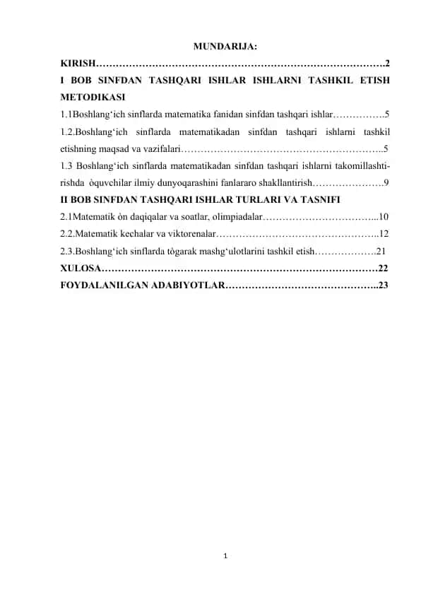 Boshlang‘ich sinflarda matematika fanidan sinfdan tashqari ishlar