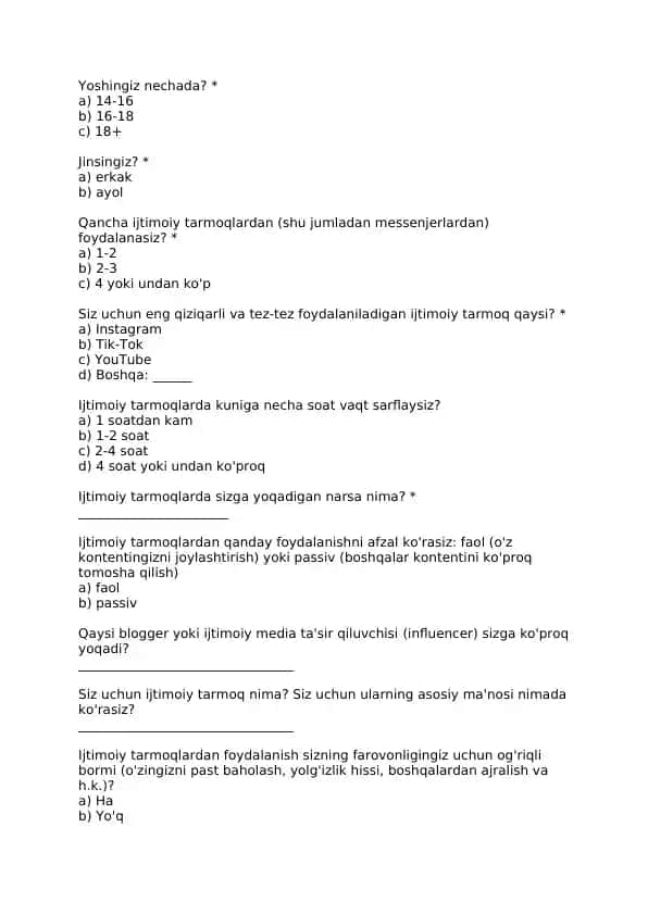 Ijtimoiy tarmoqlar anketa testi
