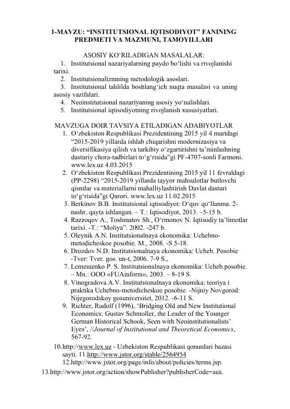 Institutisional iqtisodiyot fanining predmeti va mazmuni, tamoyillari