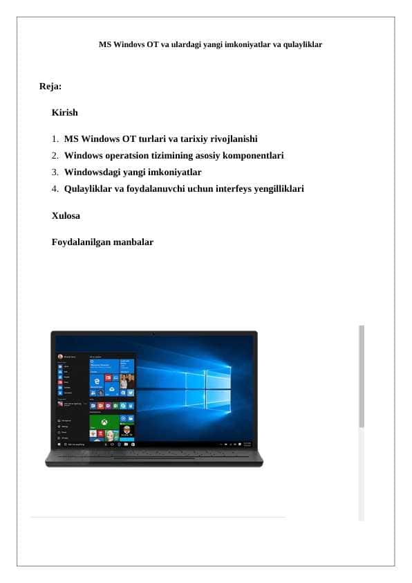 MS Windows OT va ulardagi yangi imkoniyatlar va qulayliklar
