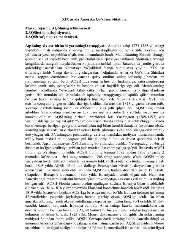 AQShning XIX asrda iqtisodiy taraqqiyoti