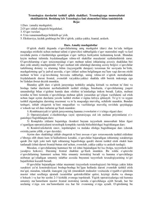 Texnologiya Darslarini Tashkil Qilish Sha-killari