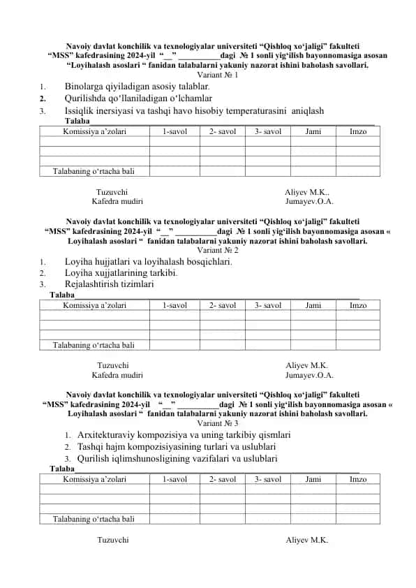 Navoiy davlat konchilik va texnologiyalar universiteti “Qishloq xo‘jaligi” fakulteti talabalarni yakuniy nazorat ishini baholash savollari