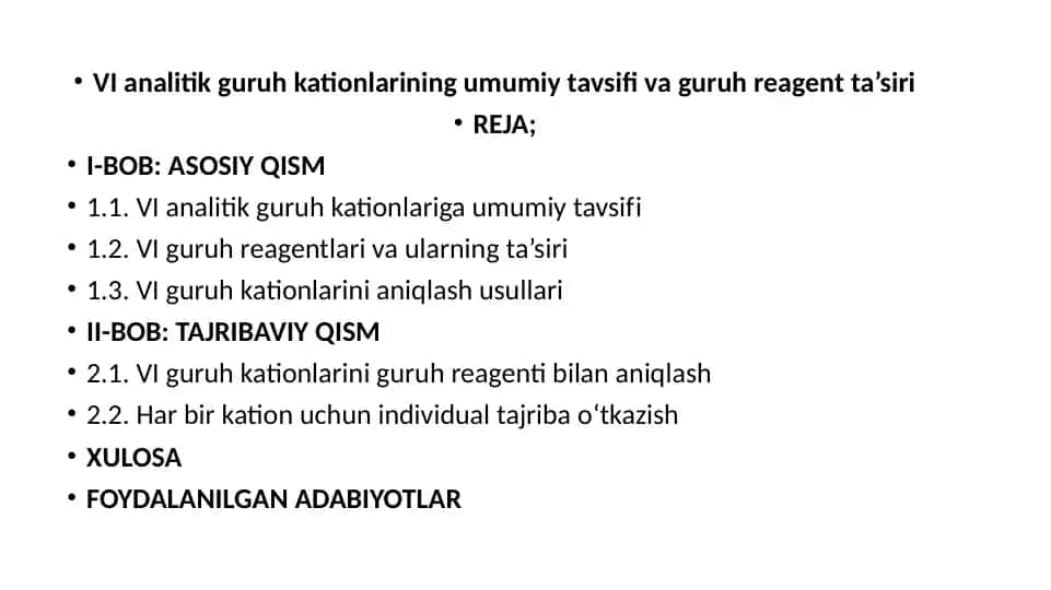 VI analitik guruh kationlarining umumiy tavsifi va guruh reagent ta’siri