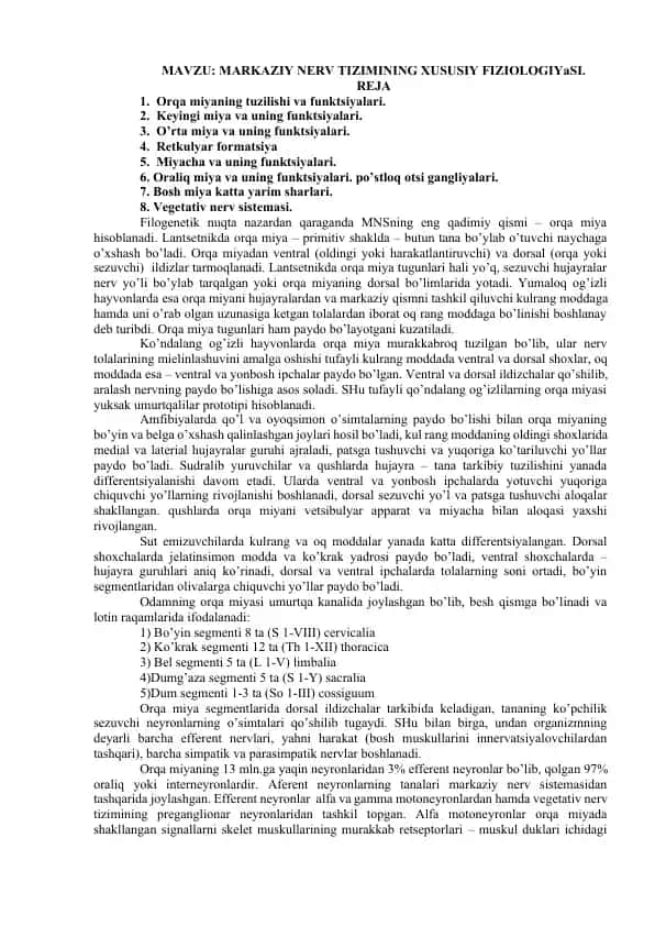 Markaziy nerv tizimining xususiy fiziologiyasi