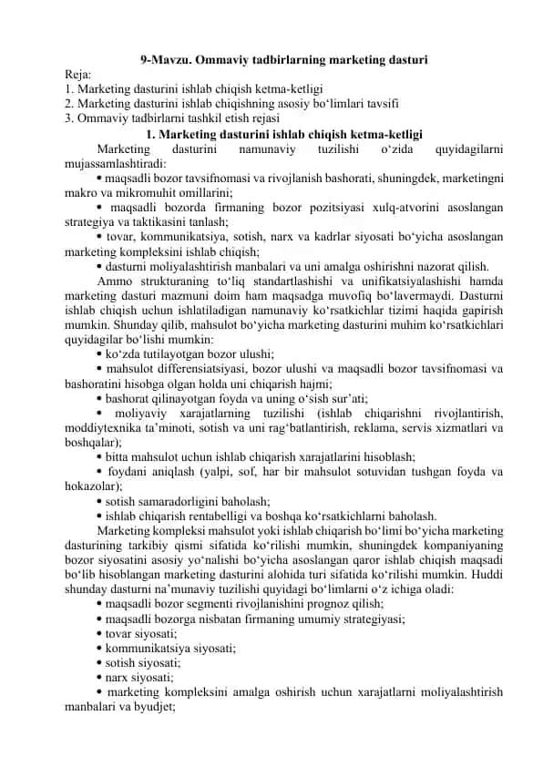 Marketing dasturini ishlab chiqish ketma-ketligi