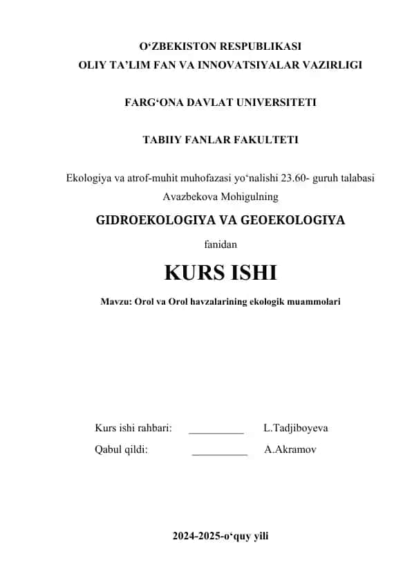 Gidroekologiya va Geoekologiya kurs ishi