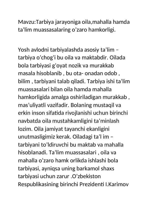 Tarbiya jarayoniga oila, mahalla hamda ta'lim muassasalari o'zaro hamkorligi