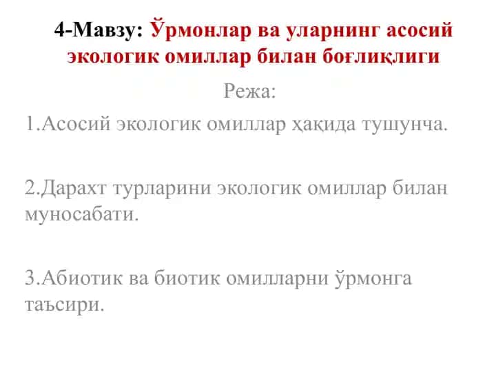 Ўрмонлар ва уларнинг асосий экологик омиллар билан боғлиқлиг