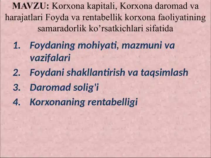 Korxona kapitali, Korxona daromad va harajatlari Foyda va rentabellik korxona faoliyatining samarado