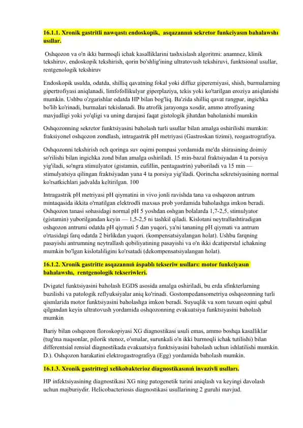 Xronik gastritli nawqastı endoskopik, asqazannıň sekretor funkciyasın bahalawshı usıllar