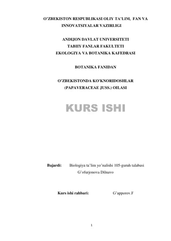 O'zbekistonda Ko'knoridoshlar (Papaveraceae Juss.) oilasi