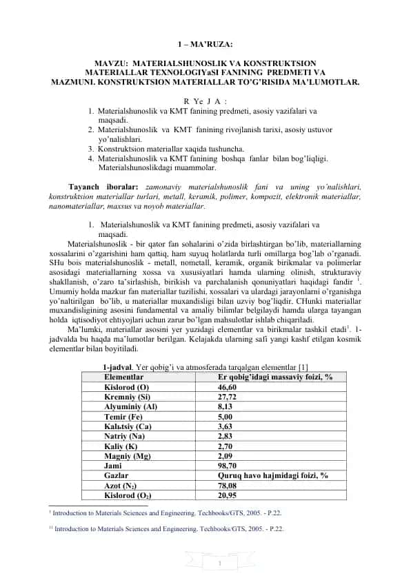 Materialshunoslik va Konstruktsion Materiallar Texnologiyasi