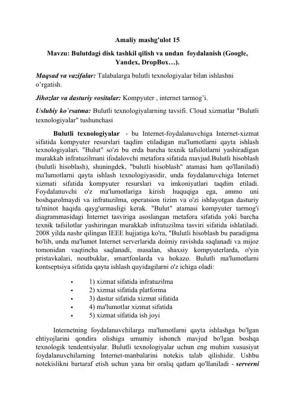 Bulutdagi disk tashkil qilish va undan foydalanish (Amaliy mashg‘ulot 15)