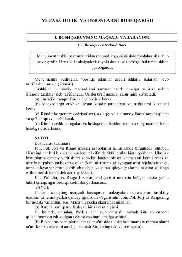 Boshqaruvning maqsadi va jarayoni
