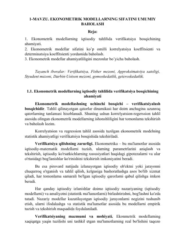 Ekonometrik modellar sifatini baholash taqdimoti