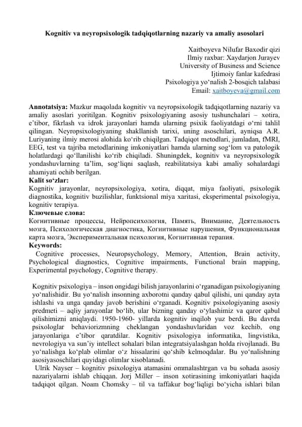 Kognitiv va neyropsixologik tadqiqotlarning nazariy va amaliy asosolari