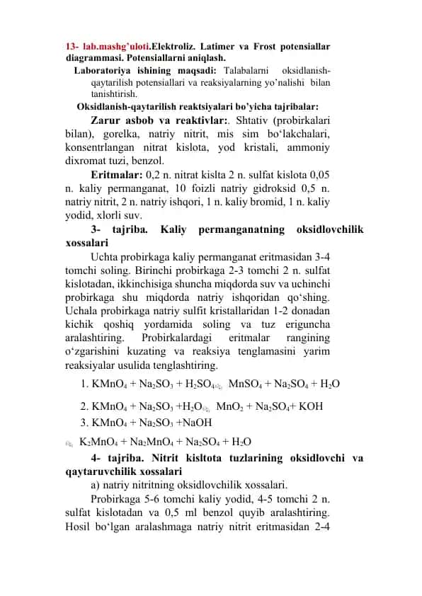 Elektroliz. Latimer va Frost potensiallar diagrammasi